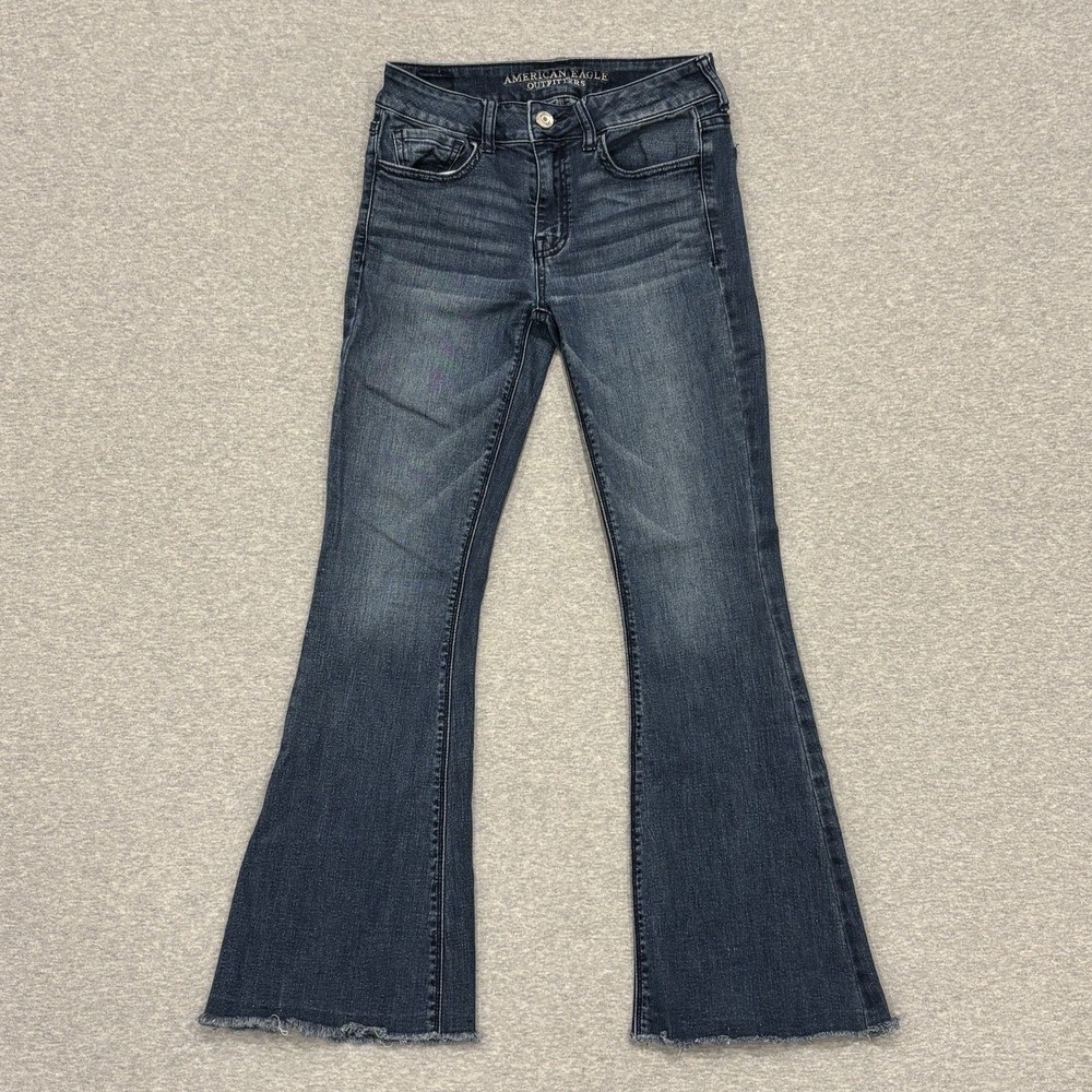 American Eagle Hi Rise Artist Jeans Women's Size 4 Blue Flare Denim Frayed Hems